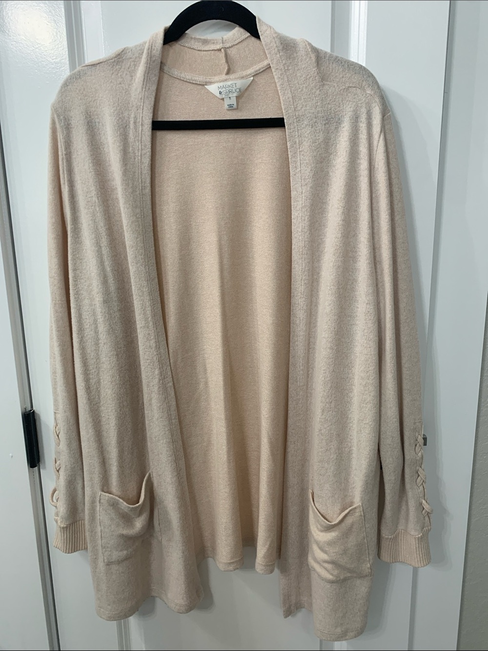 Market & Spruce Cream Open-Front Cardigan with Pocket and Sleeve Tie Detail